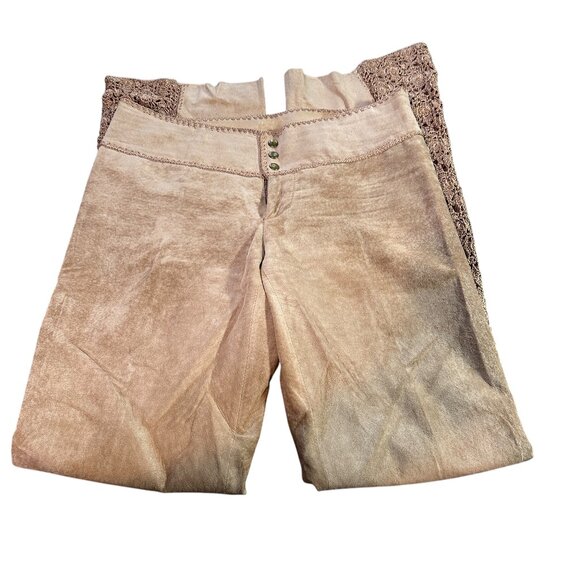 Cache Suede Pants with Hand Crochet Peekaboo Insert at Bottom Camel Tan Sz 2 - Picture 2 of 14